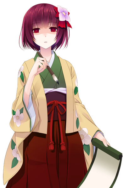 Anime picture 815x1250 with touhou hieda no akyuu crote single tall image looking at viewer short hair red eyes purple hair traditional clothes japanese clothes hair flower transparent background girl hair ornament flower (flowers) paintbrush calligraphy brush