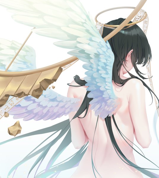 Anime picture 3317x3709 with original teddyellow single long hair tall image highres light erotic black hair simple background standing white background absurdres from behind angel wings hair over shoulder angel girl wings halo