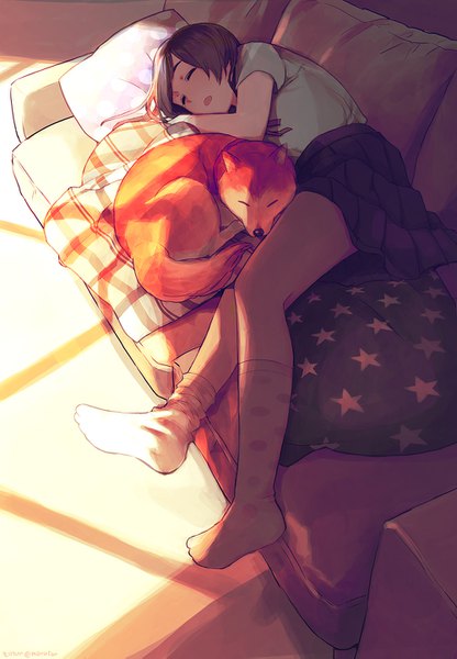 Anime picture 1000x1443 with original morifumi single tall image highres short hair open mouth brown hair full body indoors lying eyes closed pleated skirt from above sunlight on side sleeping star print girl skirt