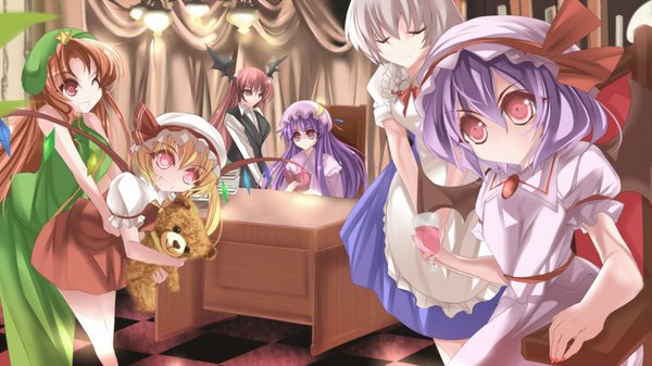 Anime picture 1920x1080 with touhou flandre scarlet remilia scarlet izayoi sakuya patchouli knowledge hong meiling koakuma marionette (excle) long hair highres short hair open mouth blonde hair smile red eyes brown hair wide image sitting multiple girls holding