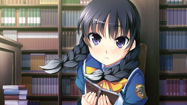 Anime picture 1280x720 with gensou douwa alicetale long hair black hair wide image purple eyes game cg braid (braids) girl uniform school uniform book (books)
