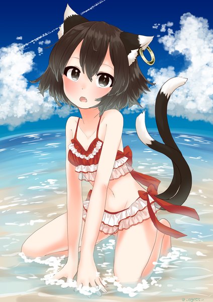 Anime picture 1536x2172 with touhou chen egret single tall image looking at viewer blush fringe short hair breasts open mouth light erotic black hair hair between eyes sitting signed animal ears sky cloud (clouds) full body
