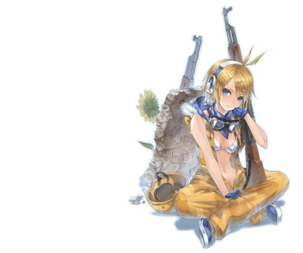 Anime-Bild 1200x1000 mit vocaloid kagamine rin 2d (artist) single looking at viewer short hair blue eyes light erotic blonde hair white background sitting ahoge third-party edit indian style extended girl gloves navel hair ornament weapon