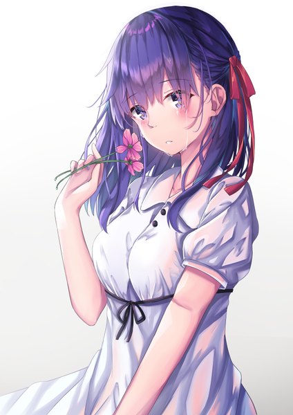 Anime picture 2480x3508 with fate (series) fate/stay night matou sakura tsukasa tsubasa single long hair tall image blush fringe highres simple background hair between eyes white background purple eyes holding purple hair upper body parted lips arm up short sleeves