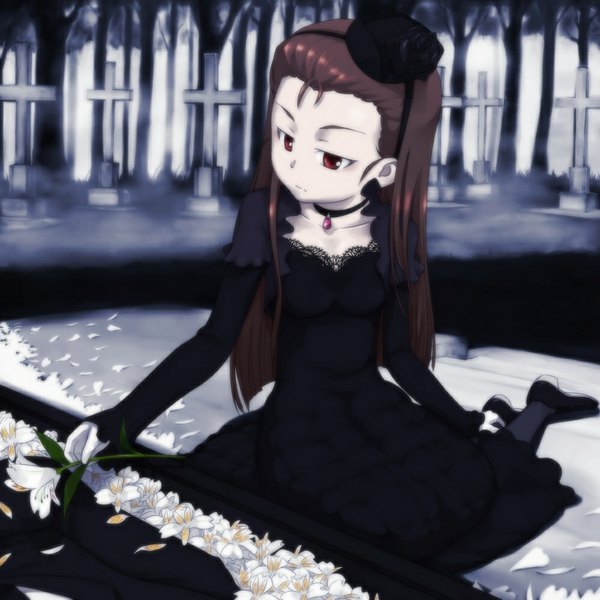 Anime picture 1000x1000 with idolmaster minase iori ttomm (artist) long hair red eyes brown hair girl dress flower (flowers) hairband black dress cross