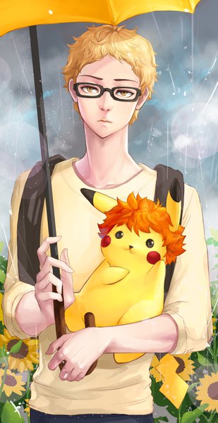 Anime picture 3500x6789 with pokemon haikyuu!! nintendo production i.g pikachu tsukishima kei i-sol-e single tall image looking at viewer highres short hair blonde hair standing holding yellow eyes absurdres sky upper body outdoors