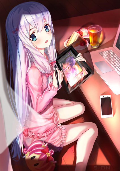 Anime picture 1736x2456 with eromanga sensei a-1 pictures izumi sagiri sion005 single long hair tall image looking at viewer blush highres open mouth blue eyes sitting signed silver hair bent knee (knees) indoors sunlight shadow wariza