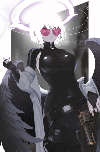 Anime picture 3000x4565 with original gwan-e single tall image looking at viewer fringe highres short hair breasts open mouth light erotic hair between eyes red eyes large breasts standing holding white hair nail polish fingernails off shoulder
