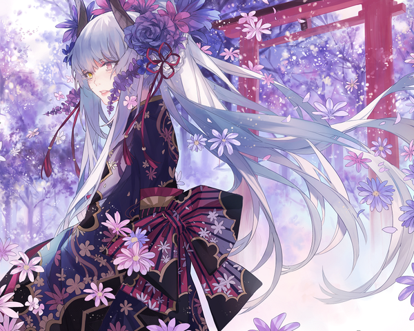 Anime picture 1000x800 with original kane (kanekiru) single long hair fringe yellow eyes looking away silver hair long sleeves traditional clothes parted lips japanese clothes pink eyes hair flower horn (horns) wind wide sleeves heterochromia facial mark floral print
