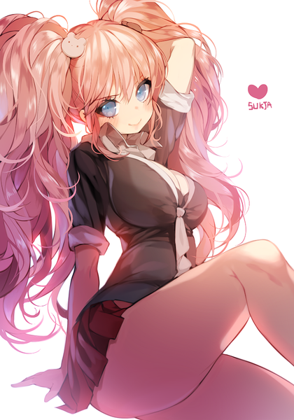 Anime picture 700x1000 with dangan ronpa enoshima junko sorolp single tall image looking at viewer fringe blue eyes light erotic simple background smile white background sitting twintails signed pink hair ass very long hair pleated skirt girl
