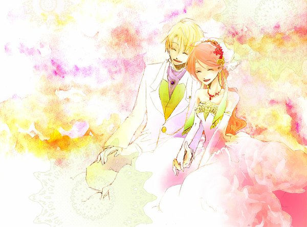 Anime picture 1000x741 with original itsuki yami long hair short hair open mouth blonde hair smile bare shoulders pink hair eyes closed hair flower orange hair couple hug holding hands happy girl dress boy gloves