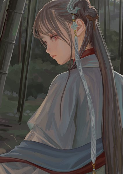 Anime picture 1000x1414 with original fkey single long hair tall image fringe standing looking away upper body outdoors profile pink eyes grey hair from behind bamboo forest girl hair ornament plant (plants) tree (trees) forest