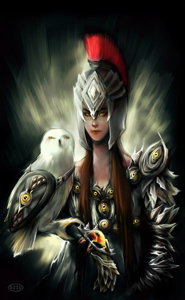 Anime picture 1200x1944 with original dziu09 long hair tall image looking at viewer brown hair yellow eyes lips eyes girl armor helmet owl
