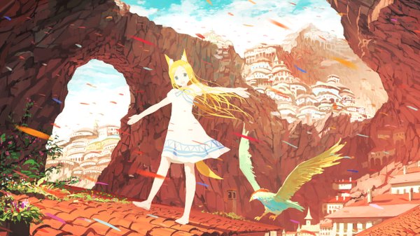 Anime picture 2560x1440 with original jean popo single long hair looking at viewer highres open mouth blonde hair wide image green eyes animal ears tail animal tail barefoot wind wallpaper fox ears fox tail spread arms canyon