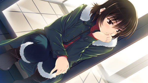 Anime picture 1280x720 with white album 2 single fringe short hair black hair hair between eyes red eyes wide image sitting looking away game cg chin rest knees touching girl jacket
