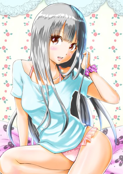 Anime picture 2480x3508 with original tenzeru single long hair tall image looking at viewer blush fringe highres breasts open mouth light erotic simple background smile sitting brown eyes silver hair indoors blunt bangs arm support