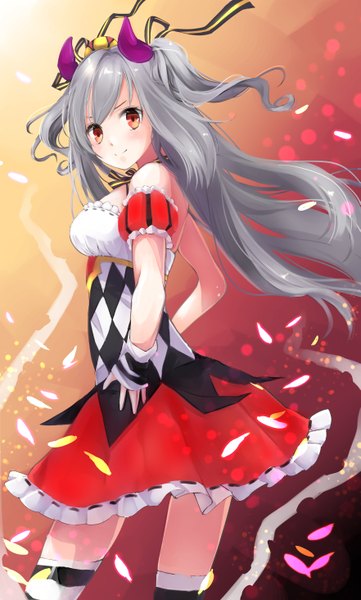 Anime picture 881x1464 with idolmaster idolmaster cinderella girls kanzaki ranko izumil single long hair tall image looking at viewer smile red eyes bare shoulders looking back horn (horns) grey hair awakened devil lord girl dress petals