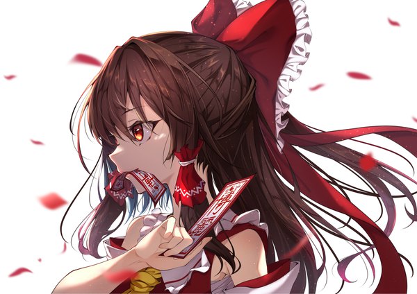 Anime picture 4093x2894 with touhou hakurei reimu yamanakaume single long hair fringe highres hair between eyes red eyes brown hair white background holding looking away absurdres upper body profile mouth hold half updo girl bow