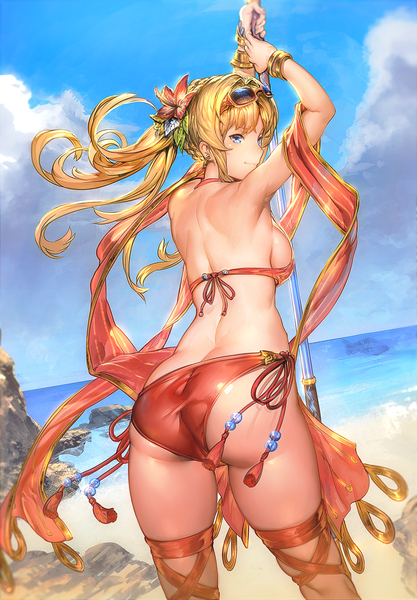 Anime picture 835x1200 with granblue fantasy zeta (granblue fantasy) aos single tall image looking at viewer fringe breasts blue eyes light erotic blonde hair smile standing sky cloud (clouds) ass braid (braids) profile hair flower wind