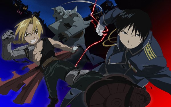 Anime picture 2560x1600 with fullmetal alchemist studio bones edward elric alphonse elric roy mustang highres wide image boy