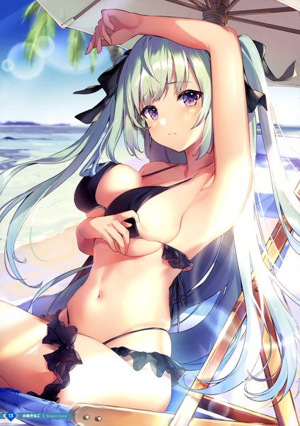 Anime picture 2496x3542 with original cona kinaco single long hair tall image looking at viewer blush fringe highres breasts light erotic large breasts sitting purple eyes signed payot sky outdoors arm up scan