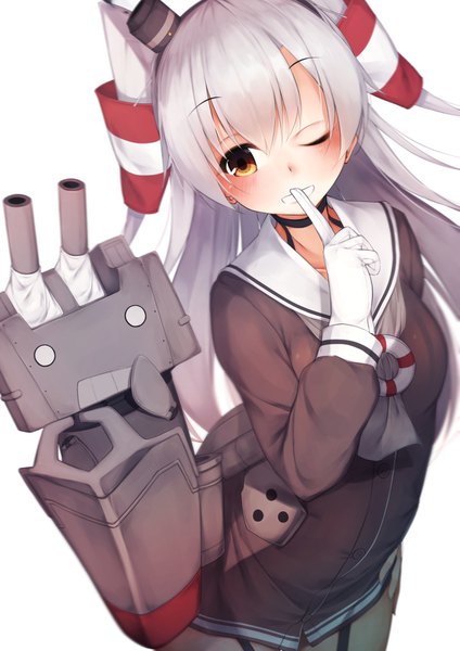 Anime picture 1157x1637 with kantai collection amatsukaze destroyer rensouhou-kun waterdog single long hair tall image looking at viewer blush fringe simple background smile white background yellow eyes silver hair one eye closed wink two side up grin finger to mouth