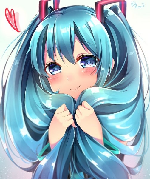 Anime picture 780x930 with vocaloid hatsune miku navy (navy.blue) single long hair tall image looking at viewer blush fringe blue eyes simple background smile twintails aqua hair holding hair girl heart