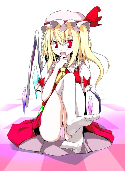 Anime picture 1024x1400 with touhou flandre scarlet oouso (usotsukiya) single tall image short hair open mouth light erotic blonde hair red eyes pantyshot pantyshot sitting checkered floor girl thighhighs dress white thighhighs wings bonnet crystal