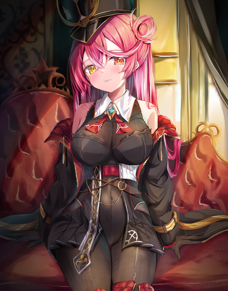 Anime picture 3441x4397 with virtual youtuber hololive houshou marine houshou marine (marching band) mihasu single long hair tall image blush fringe highres breasts light erotic hair between eyes large breasts sitting bare shoulders absurdres red hair indoors