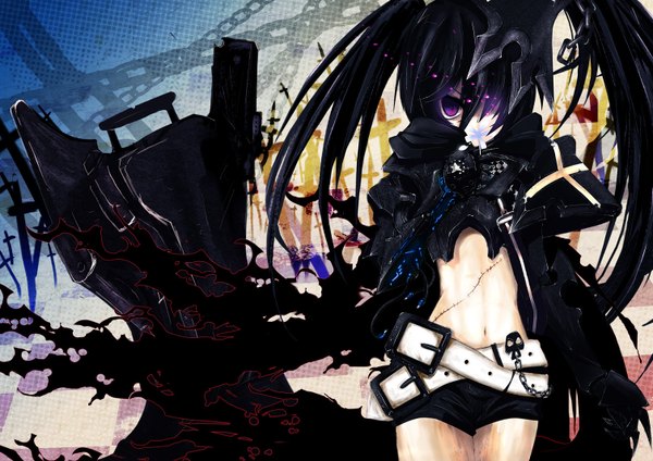 Anime picture 1508x1066 with black rock shooter vocaloid black rock shooter (character) long hair black hair purple eyes twintails girl weapon shorts belt chain