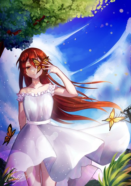 Anime picture 620x877 with original pkq single long hair tall image looking at viewer fringe smile hair between eyes brown hair signed yellow eyes payot sky cloud (clouds) arm up wind strap slip arm behind back covering eye (eyes)