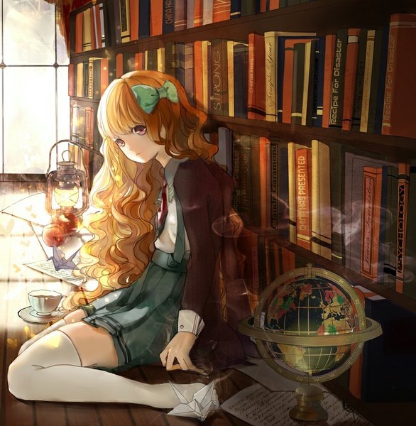 Anime picture 950x973 with original uri (artist) single long hair tall image looking at viewer fringe blonde hair sitting bent knee (knees) indoors pink eyes wavy hair smoke girl thighhighs bow white thighhighs necktie window