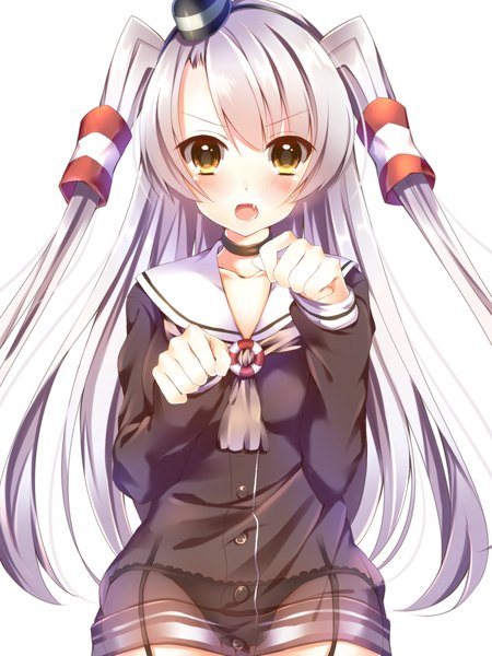 Anime picture 1200x1600 with kantai collection amatsukaze destroyer saijou haruki single long hair tall image blush open mouth light erotic simple background white background yellow eyes silver hair two side up paw pose girl hair ornament underwear panties hat