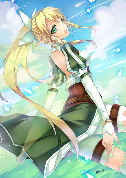 Anime picture 1200x1697 with sword art online a-1 pictures leafa liy093275411 single long hair tall image open mouth blonde hair green eyes signed ponytail pointy ears girl dress wings
