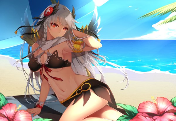 Anime picture 1748x1204 with puzzle & dragons valkyrie (p&d) dean single long hair looking at viewer fringe highres breasts light erotic red eyes grey hair midriff beach adjusting hair girl navel hair ornament flower (flowers) swimsuit