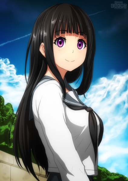 Anime picture 1024x1448 with hyouka kyoto animation chitanda eru erkaz single long hair tall image blush black hair smile sky cloud (clouds) pink eyes girl uniform plant (plants) school uniform tree (trees)