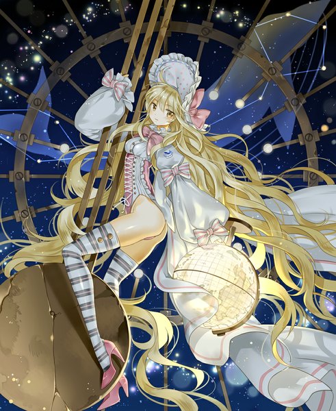 Anime picture 900x1100 with original hoshii hisa single long hair tall image looking at viewer blush light erotic blonde hair yellow eyes ass wavy hair girl thighhighs dress bow striped thighhighs bonnet