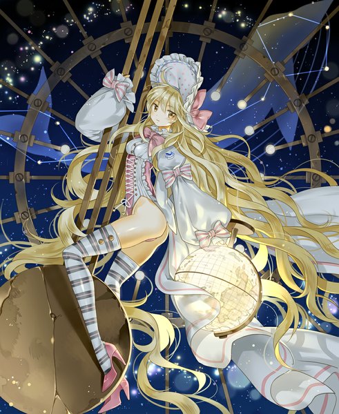 Anime-Bild 900x1100 mit original hoshii hisa single long hair tall image looking at viewer blush light erotic blonde hair yellow eyes ass wavy hair girl thighhighs dress bow striped thighhighs bonnet