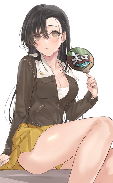Anime picture 1266x2048 with girls und panzer nishi kinuyo mexif single long hair tall image looking at viewer blush fringe breasts light erotic black hair simple background hair between eyes white background sitting brown eyes cleavage bare legs sweat
