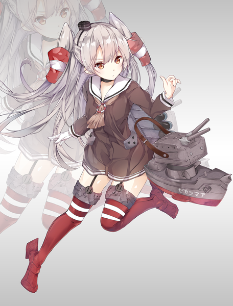 Anime picture 800x1053 with kantai collection amatsukaze destroyer rensouhou-kun kuran (yourcatissick) single long hair tall image standing brown eyes silver hair bent knee (knees) two side up standing on one leg zoom layer girl thighhighs weapon hat gun hair tubes