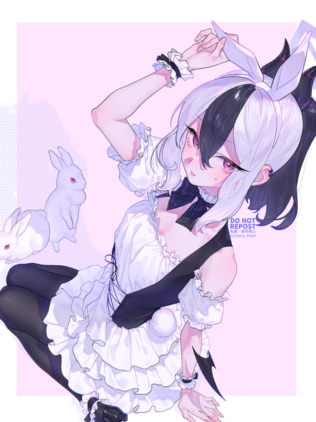 Anime picture 3000x4000 with blue archive kayoko (blue archive) mizuki mau single long hair tall image highres black hair simple background red eyes sitting animal ears silver hair ponytail tail animal tail multicolored hair horn (horns) two-tone hair bunny ears