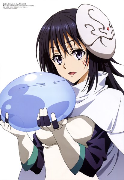 Anime picture 4088x5923 with tensei shitara slime datta ken megami magazine 8bit rimuru tempest izawa shizue yano akane long hair tall image highres open mouth black hair simple background white background purple eyes holding absurdres upper body :d scan official art