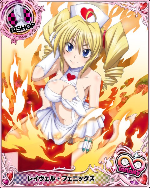 Anime picture 640x800 with highschool dxd ravel phenex single long hair tall image looking at viewer breasts blue eyes light erotic blonde hair twintails cleavage drill hair card (medium) nurse girl gloves navel uniform wings