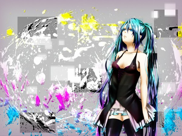 Anime picture 1792x1344 with vocaloid hatsune miku single long hair highres blue eyes twintails cleavage green hair girl