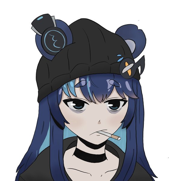 Anime picture 2048x2048 with virtual youtuber phase connect fujikura uruka tamagoompy single long hair looking at viewer fringe highres simple background white background holding animal ears blue hair grey eyes mouth hold portrait sad meme bear ears