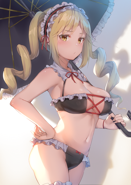 Anime-Bild 2149x3035 mit king's raid aisha (king's raid) alexmaster single long hair tall image looking at viewer blush fringe highres breasts light erotic blonde hair large breasts standing twintails holding yellow eyes payot cleavage