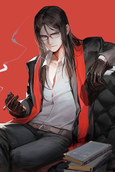 Anime picture 919x1377 with fate (series) fate/grand order waver velvet lord el-melloi ii liduke single long hair tall image looking at viewer black hair simple background sitting black eyes realistic smoke red background partially open clothes boy gloves shirt