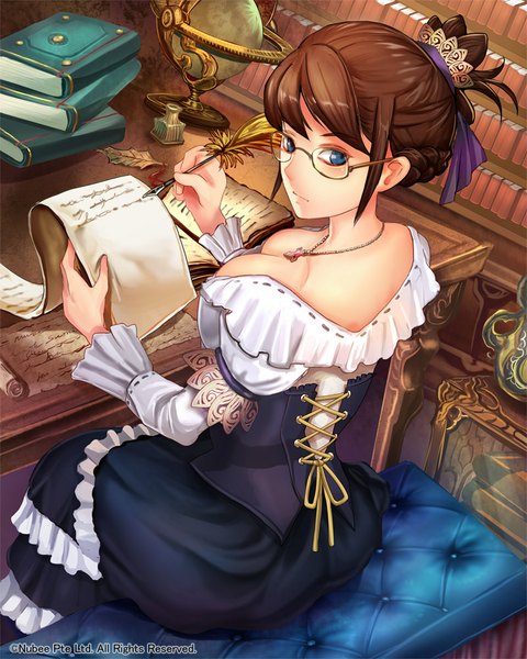 Anime picture 800x1000 with original suoni (deeperocean) single tall image short hair breasts blue eyes brown hair sitting girl dress hair ornament glasses pendant book (books) shelf bookshelf