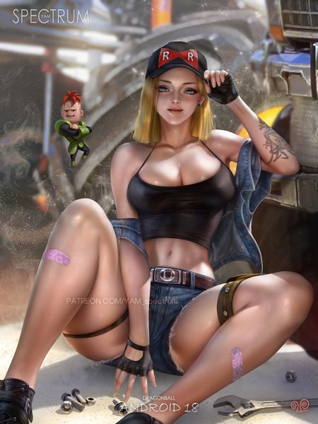 Anime picture 3000x4000 with dragon ball dragon ball z android 18 android 16 yam spectrum tall image looking at viewer highres short hair breasts blue eyes light erotic blonde hair smile large breasts sitting bare shoulders signed cleavage bent knee (knees)