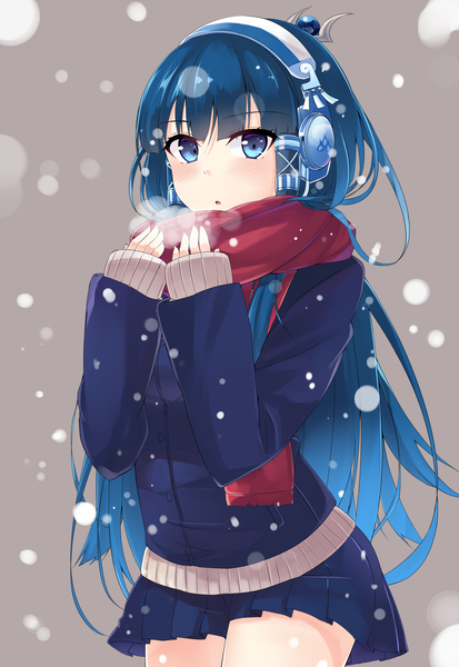 Anime picture 1000x1450 with puzzle & dragons isis (p&d) kazami chiu single long hair tall image looking at viewer blush fringe open mouth blue eyes blue hair blunt bangs sleeves past wrists snowing exhalation body blush cold girl skirt